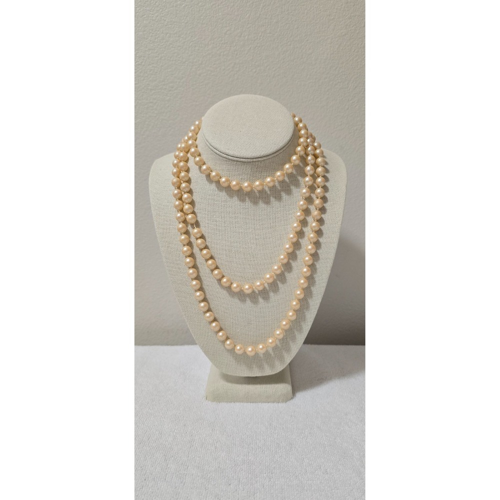 VTG Champagne Glass Pearl Rope Necklace 55" Knotted Sterling Vermeil Class 1940s